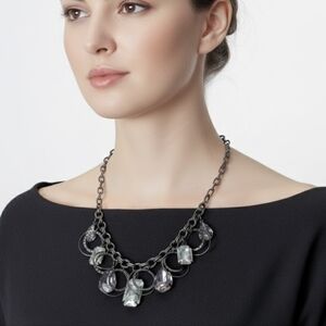 Hammered Gunmetal Statement Fashion Necklace Crystal Charms Chunky Chain Jewelry